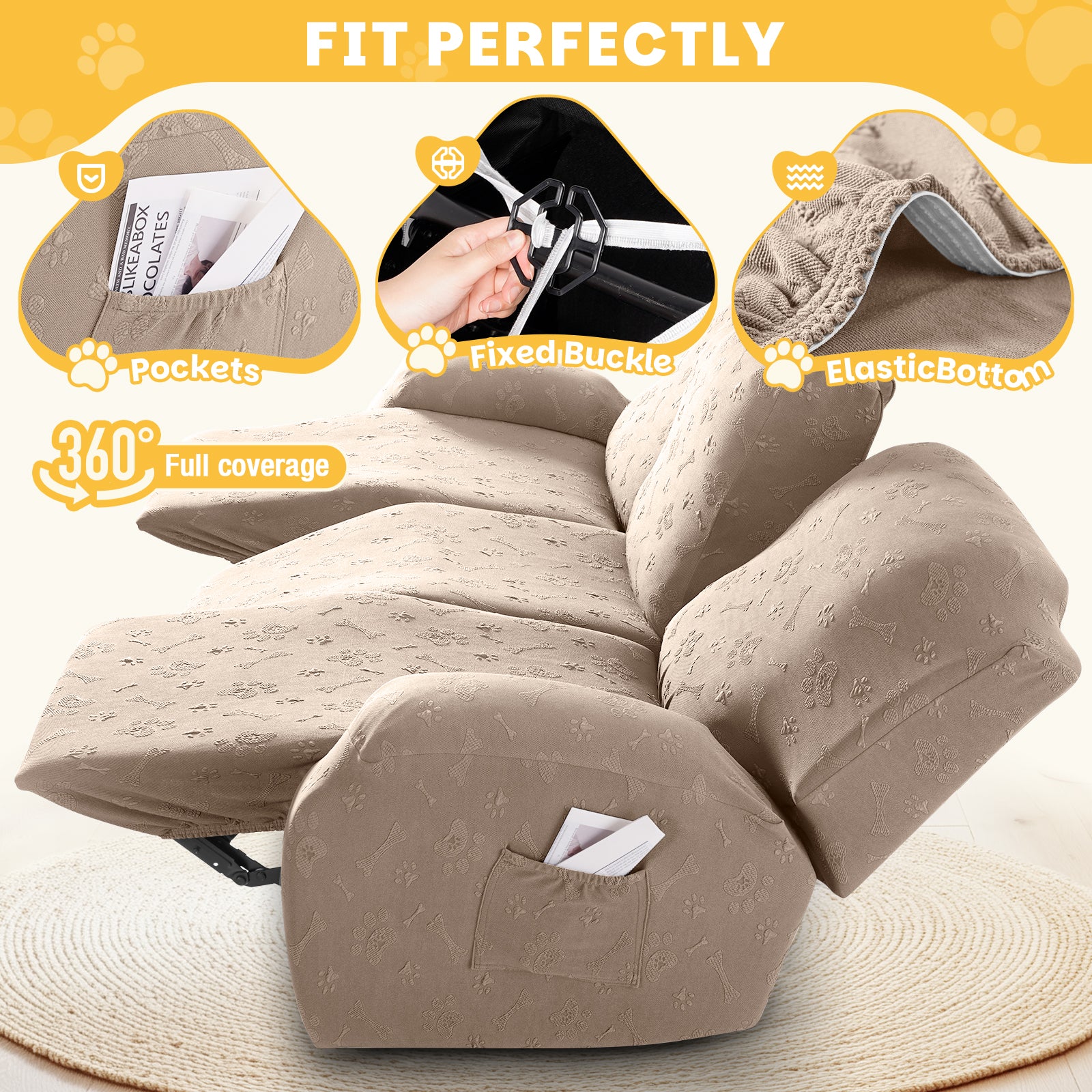 Ruaozz Recliner Sofa Covers Paw Reclining Couch Slipcovers, 2 Seat/3 Seat