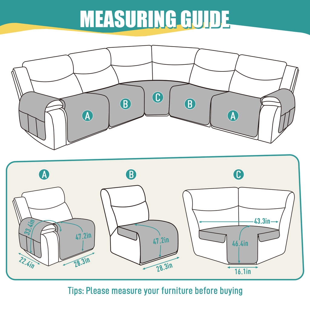Ruaozz Waterproof Sectional Recliner Couch Covers, 5 Seat/ Corner/ Console/ Single Seat