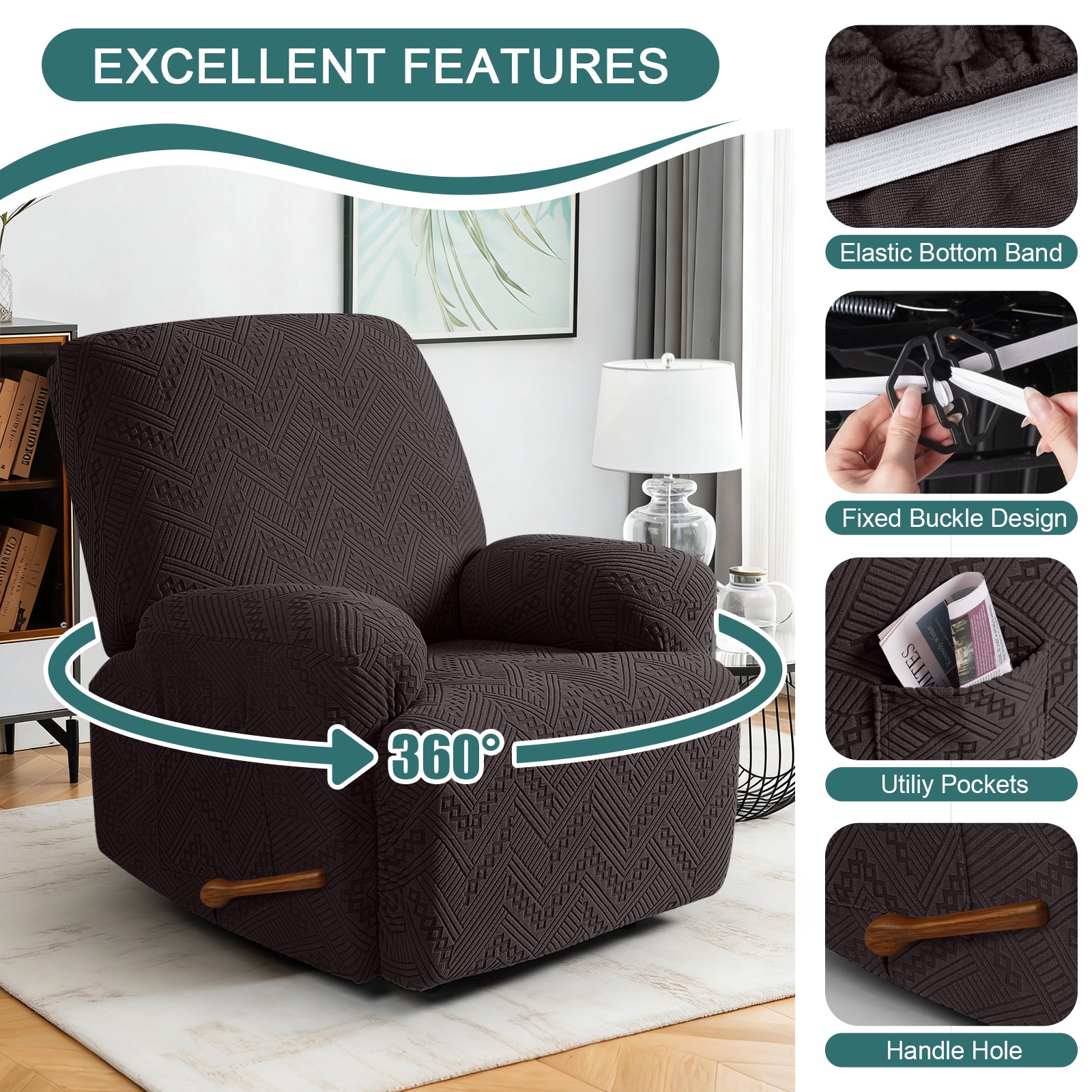 Ruaozz 3 Pieces Recliner Chair Covers Stretch Reclining Chair Slipcover, 1 Seat/ XL 1 Seat