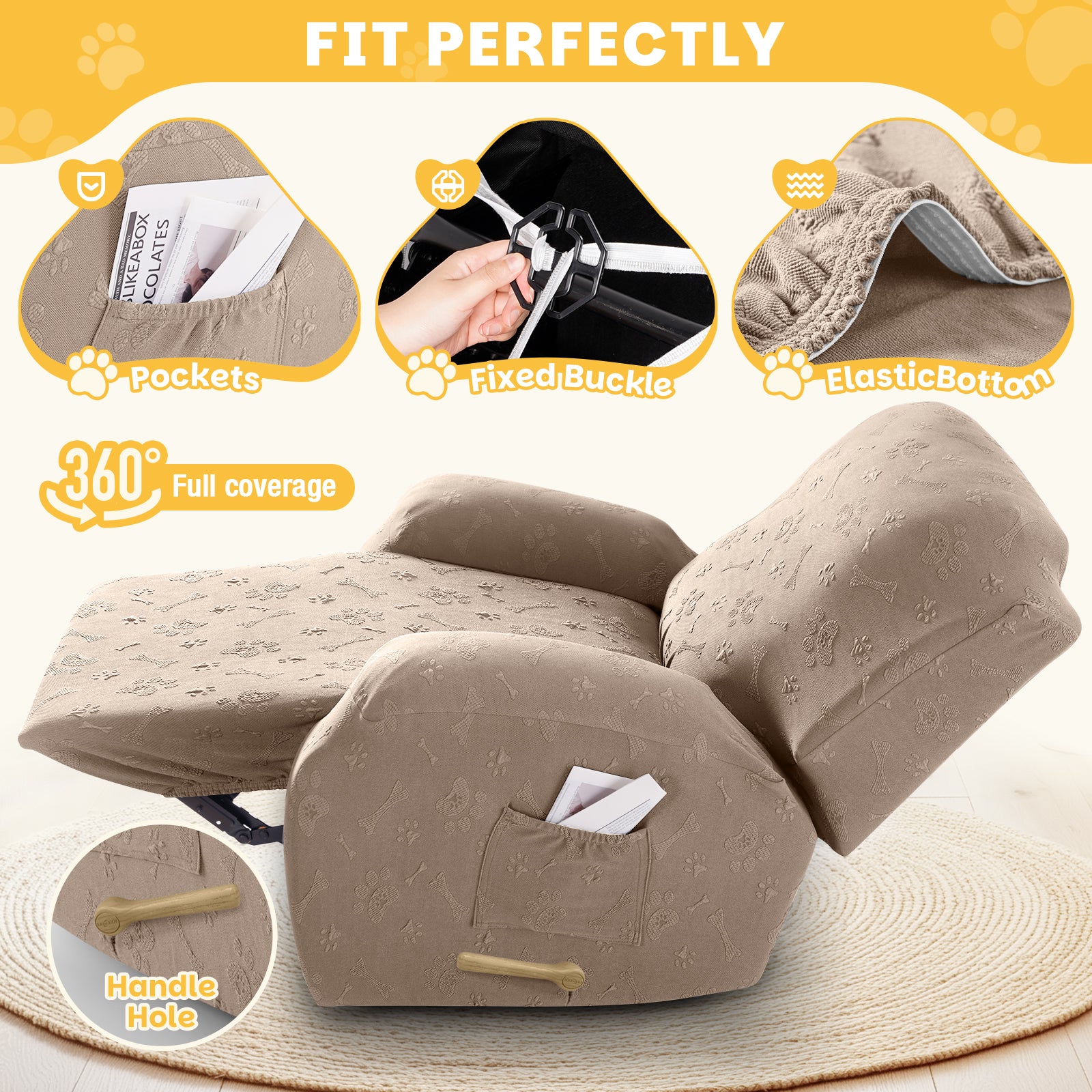 Ruaozz 4-Pieces Recliner Chair Covers Paw Reclining Chair Slipcovers, 1 Seat