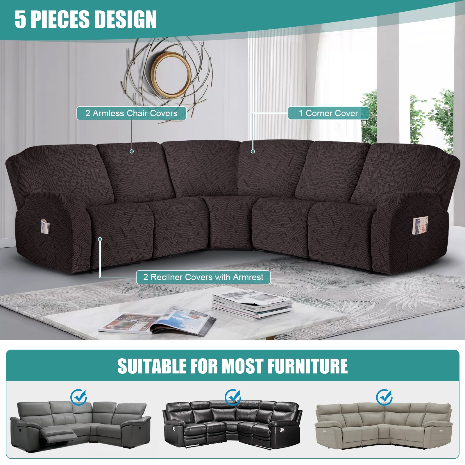 Ruaozz Stretch Sectional Recliner Couch Covers, 5 Seat Recliner/ Single Seat