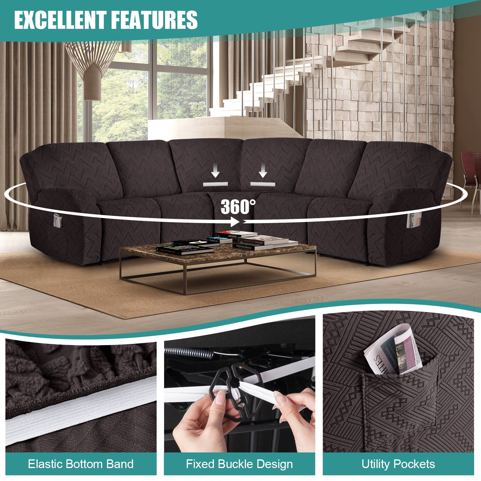 Ruaozz Stretch Sectional Recliner Couch Covers, 5 Seat Recliner/ Single Seat