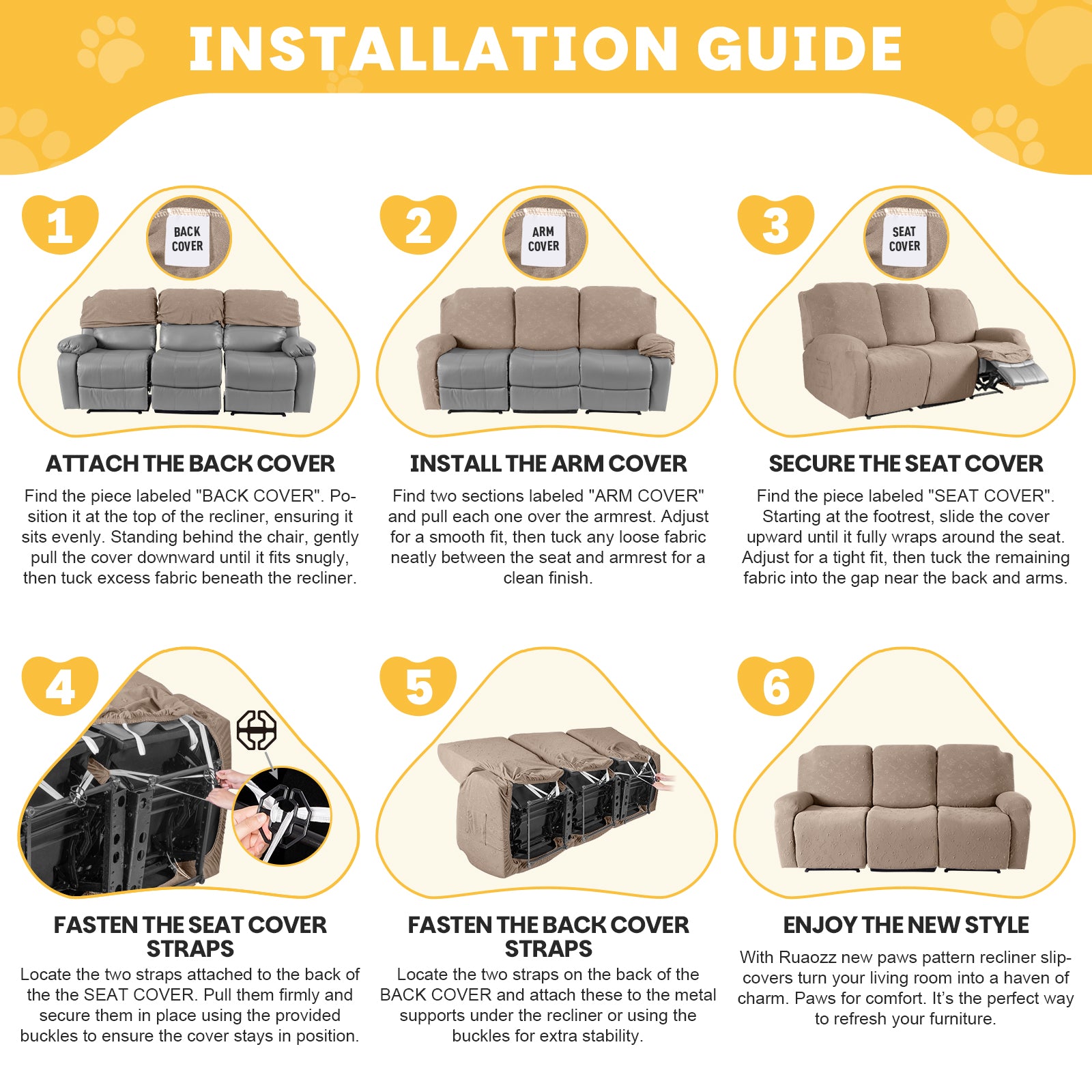 Ruaozz Recliner Sofa Covers Paw Reclining Couch Slipcovers, 2 Seat/3 Seat
