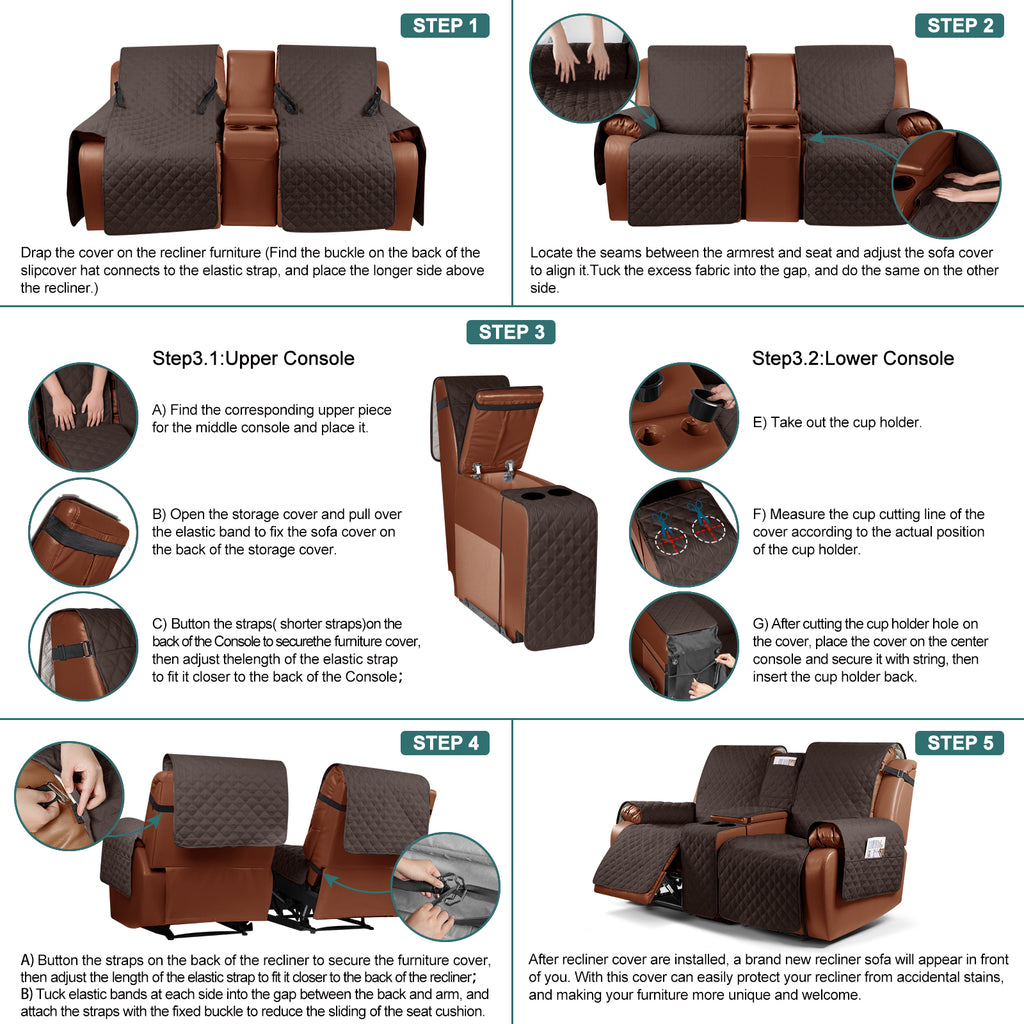 Ruaozz Waterproof Loveseat Recliner Covers with Console