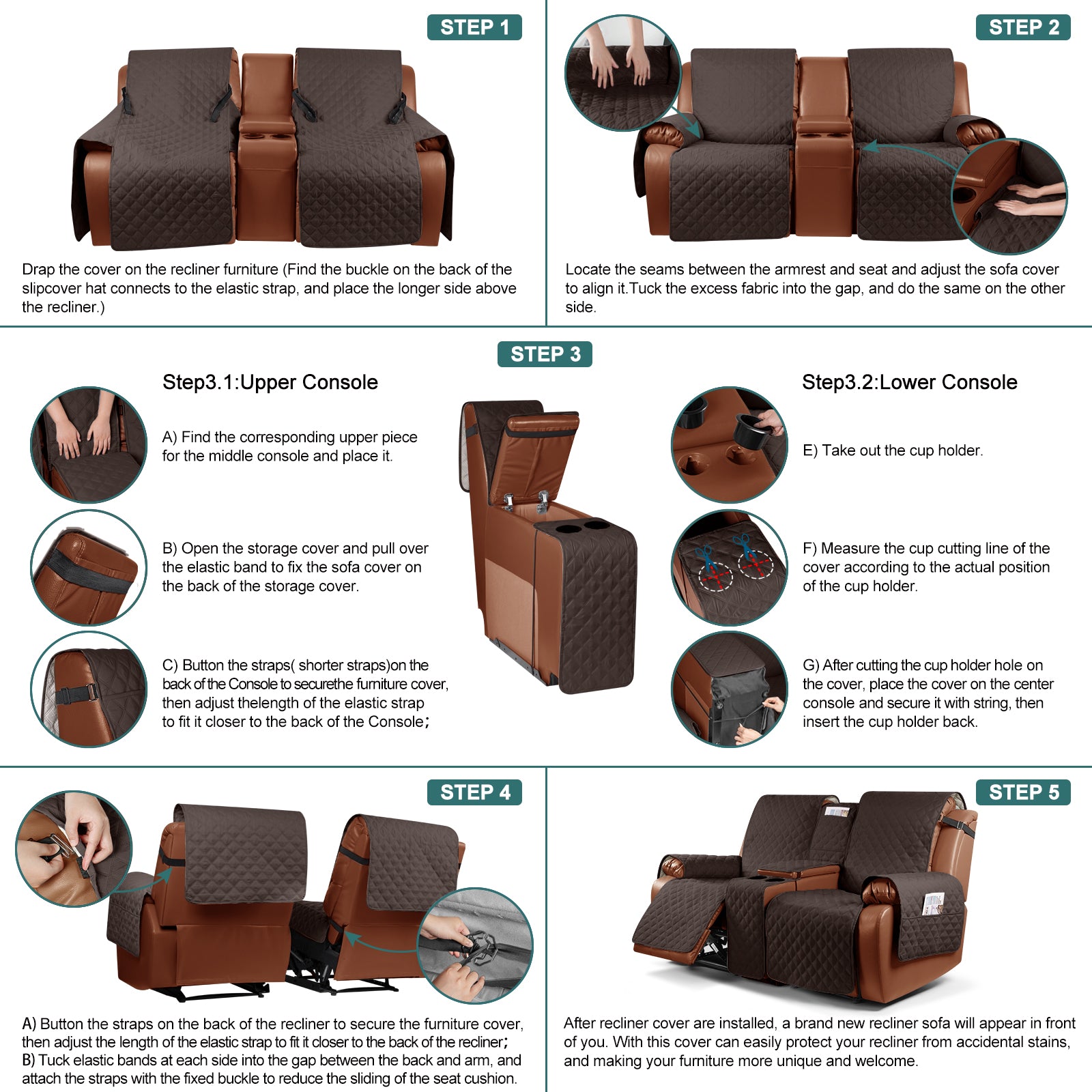 Ruaozz Waterproof Loveseat Recliner Covers with Console